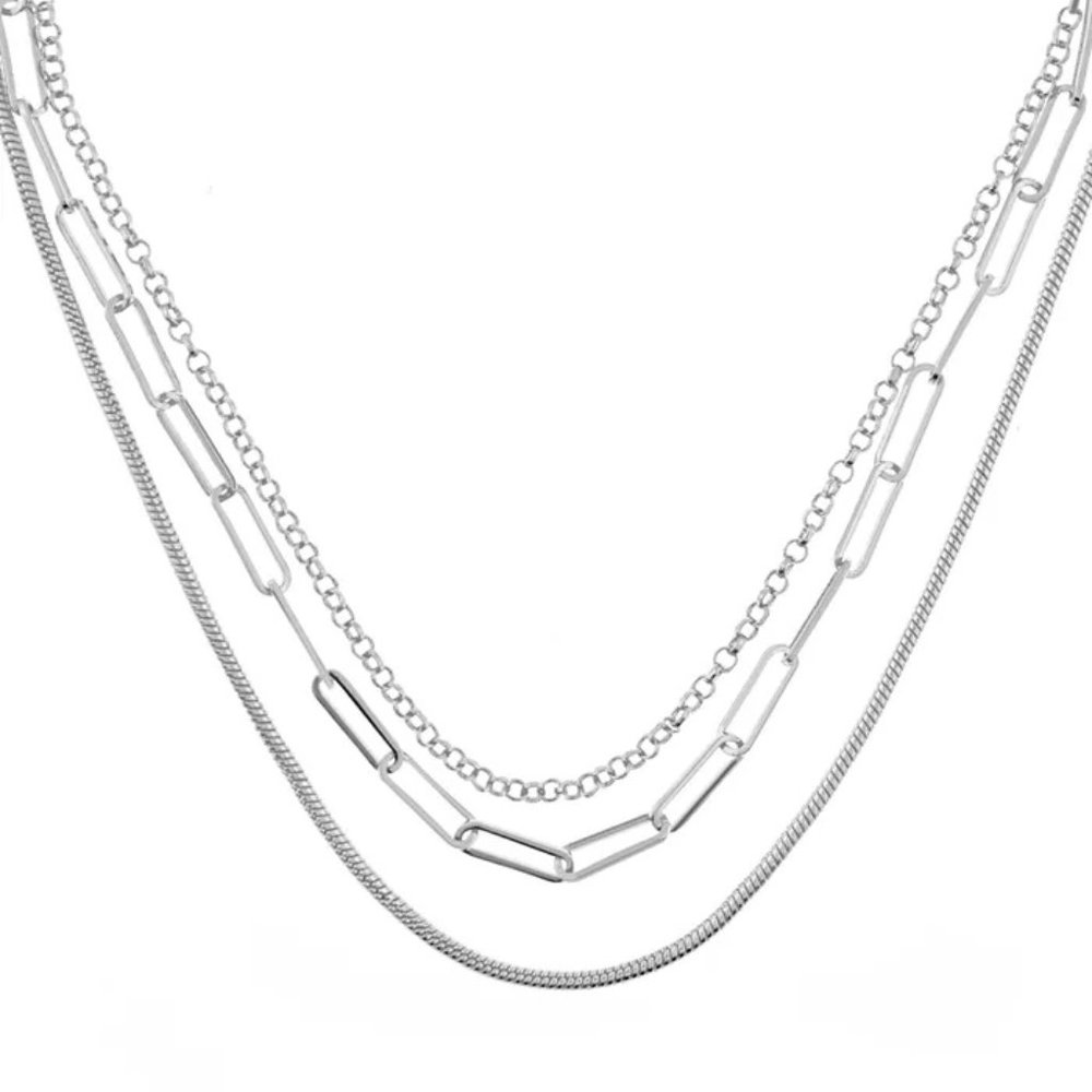 And Now This  Triple Row 16" Multi Chain Necklace in Silver Plate